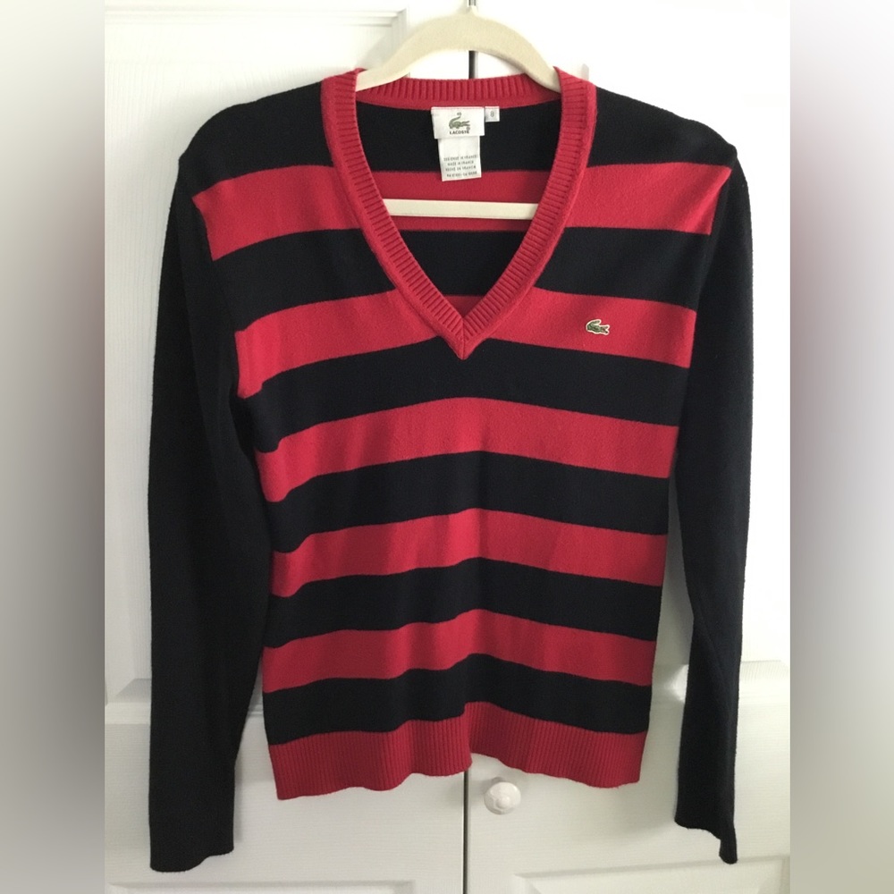 Lacoste V Neck Striped Sweater. Made in France. Size 8 (US/Large).